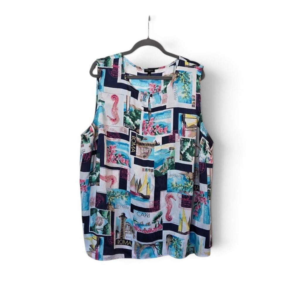 Talbots Plus 3X Italy Postcard Print Sleeveless Blouse Top Amalfi Roma Capri